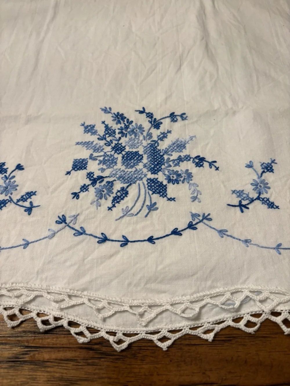 Pair Vintage Hand Embroidered Cotton Pillowcases Blue Floral Cottage Heirloom